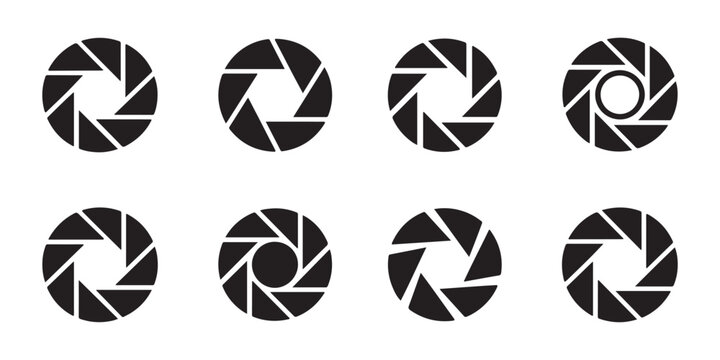 Aperture camera lens diaphragm icon set on transparent background for photography and digital video equipment.