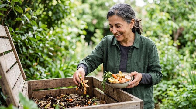 Mature woman composting kitchen scraps at home garden compost bin for sustainable gardening background and backyard care