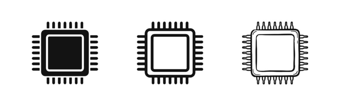 CPU Microchip Icon Set in Solid Outline and Hand-Drawn Styles for Computer Hardware and Technology