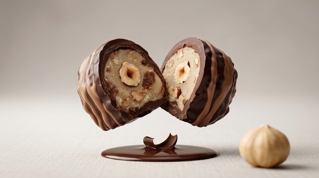 Chocolate candy with hazelnut filling floating above melted chocolate and a single hazelnut on a light surface