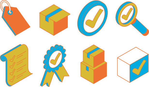 isometric flat vector set of icons of quality control qc tag, box checked, passed icon, inspected mark, control list, quality verified, batch check, and barcode verified, isolated transparent 