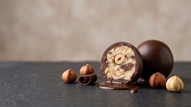 Chocolate truffle with hazelnut and creamy filling on dark surface with melted chocolate and nuts
