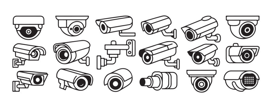 Professional surveillance camera icons for urban security and business property monitoring vector collection.