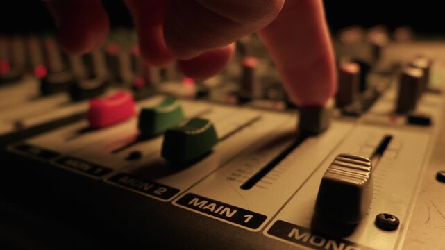 Audio mixing console faders rest in sharp focus under vibrant purple neon studio lighting. Concept of professional music production and live sound engineering and broadcasting equipment.