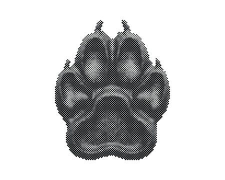 Retro halftone vector illustration of a wolf head with circle dots pattern and detailed shading isolated on white background
