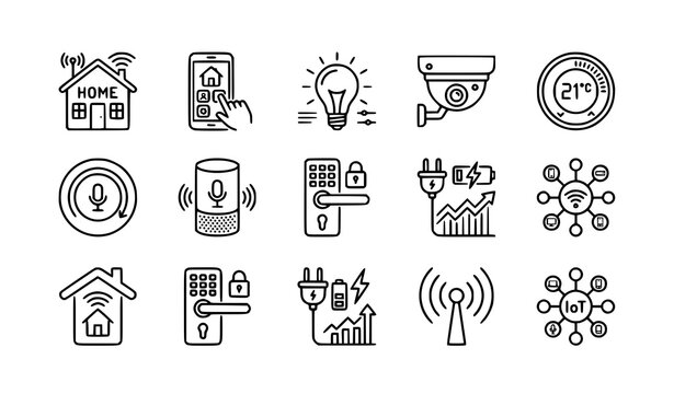 Smart home outline icon set automation security and IoT vector isolated on white background