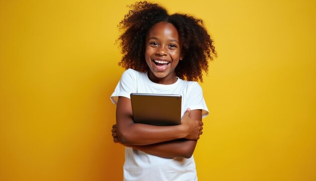 Joyful young african american girl hugs tablet computer with excitement. She smiles widely against bright yellow background. Her curly hair frames her happy face, showing delight with modern tech.