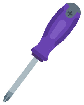 Screwdriver with a purple handle and a phillips head tip designed as a clean flat vector icon