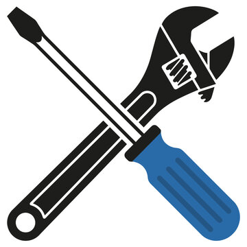 Tools including a blue handled screwdriver and adjustable wrench crossed in a professional icon