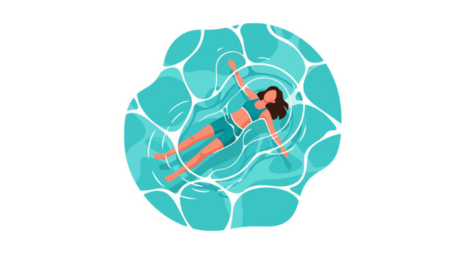 Minimalist Vector Illustration of a Woman Floating in Turquoise Pool Water Isolated on White Background