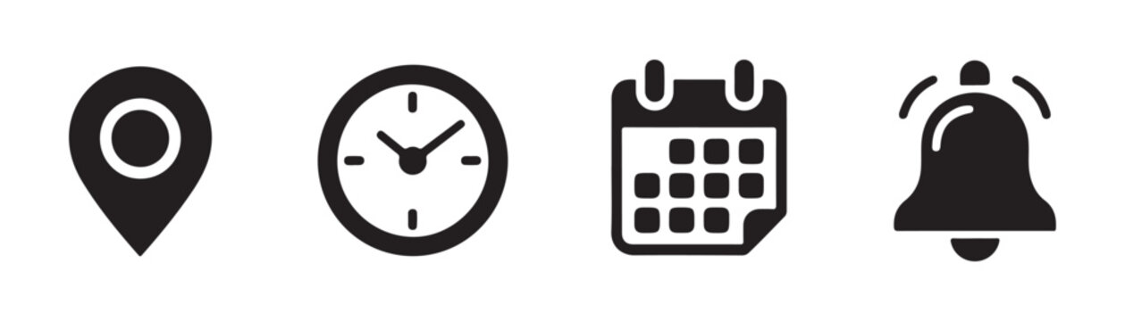 Solid black interface icons including map marker analog clock calendar grid and ringing notification signal.