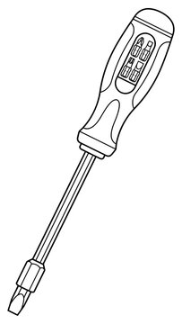 Screwdriver illustration in a black and white line art style featuring interchangeable bits for repairs