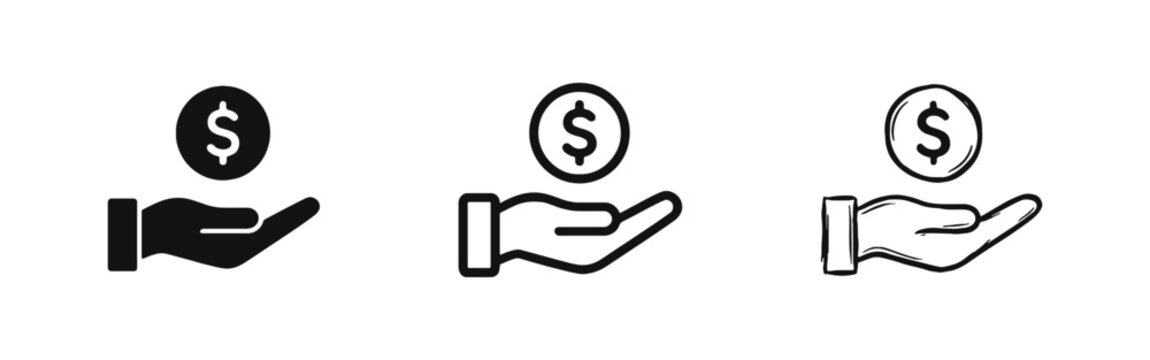 Hand Holding Dollar Coin Icon Set for Investment Savings and Donation Concepts