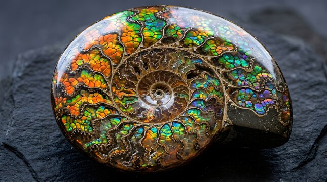 Polished iridescent ammonite fossil with detailed cell structures