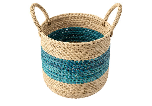 Woven natural fiber basket with teal accents