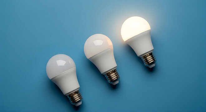 Three led bulbs on blue background one illuminated
