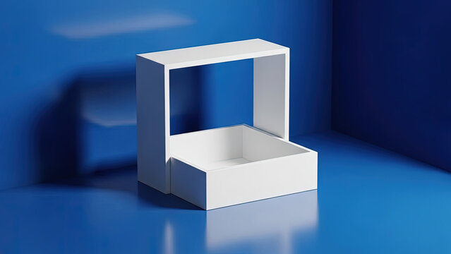 Minimal White Cube Box Pedestal Display Blue Background Modern 3D Render Product Stage Geometry Abstract Platform
