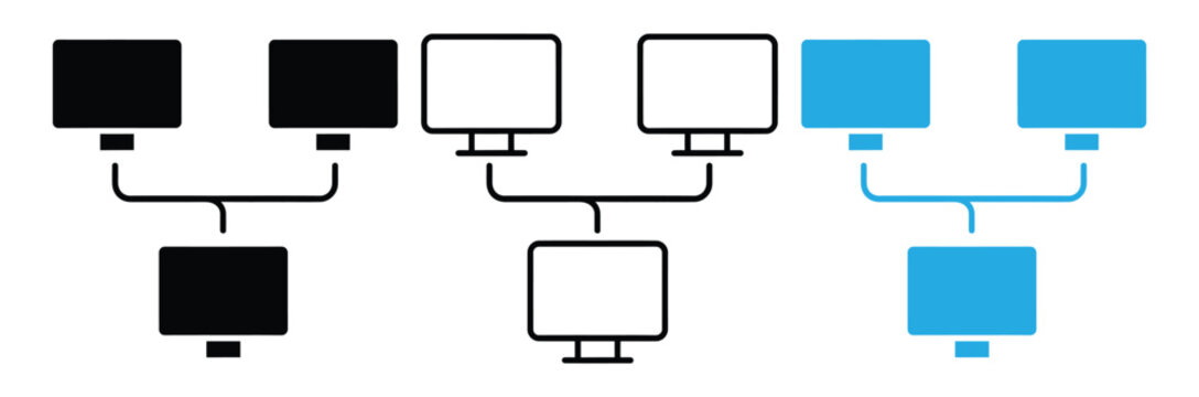 Networked computer monitors in black and blue for data visualization and communication