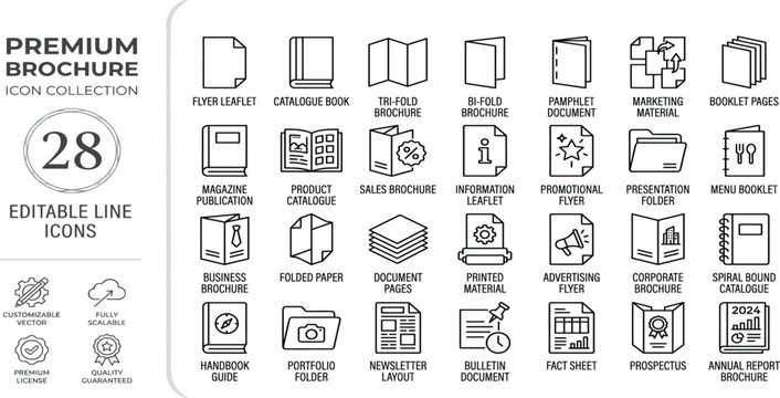 Brochure line icons set. Flyer leaflet, catalogue, booklet, magazine, letterhead, open book and other polygraphy vector illustration. Outline signs for print shop. Editable Stroke