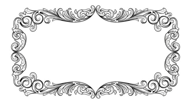 Elaborate black and white vintage frame showcases intricate floral scrollwork and ornamental details for an elegant antique look.