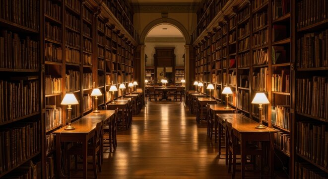 Dimly lit historic library corridor lined with tall bookshelves and reading lamps creating a warm, scholarly atmosphere.