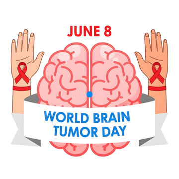 World Brain Tumor Day awareness illustration with brain and red ribbons