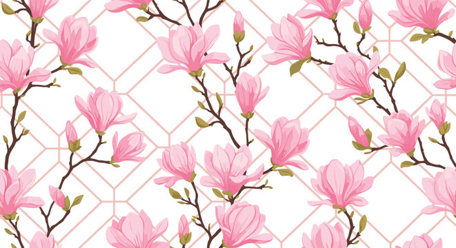 Symmetrical pink magnolia branches are arranged in a seamless pattern over a geometric trellis background for a classic look.