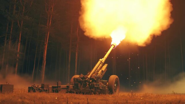 A Cinematic Background for War Documentaries or News Reports A Dramatic Shot of an Artillery Howitzer Firing at Night