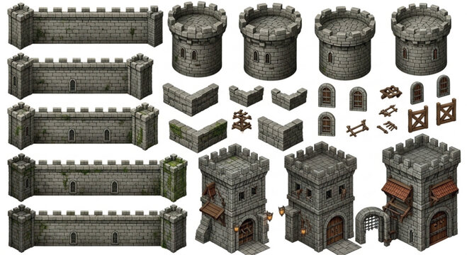 Medieval stone castle wall and tower set, isometric fortress defense elements, grey granite fortification kit for game design and map building