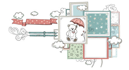 Obraz premium Charming baby-themed collage features a cute teddy bear holding an umbrella, stars, clouds, and colorful decorative frames.