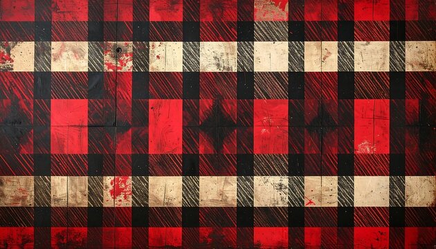 Rough, textured red, black, and white plaid wood