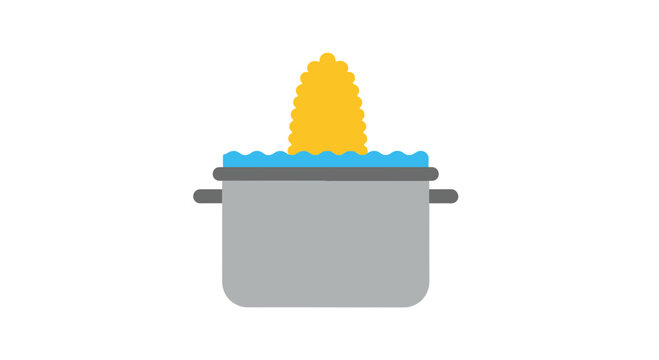 Yellow corn cob boiling in a grey pot of blue water