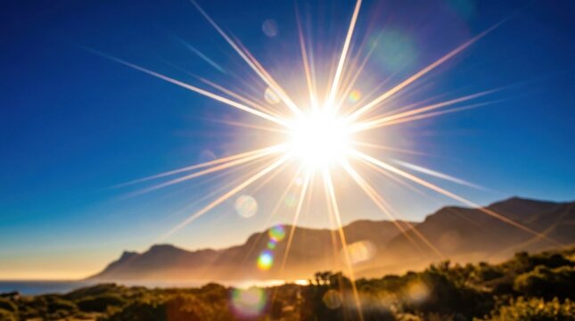 Intense sun flare bursting through a clear blue sky with vibrant light rays and a brilliant white core. This high-end commercial