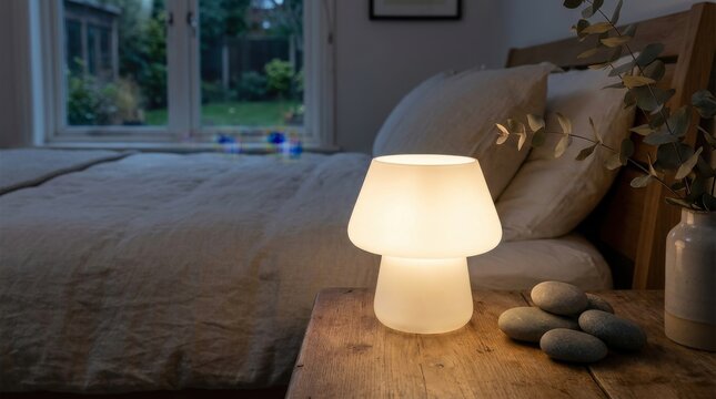 A frosted glass mushroom-shaped table lamp illuminates a wooden nightstand next to a bed in a cozy bedroom setting