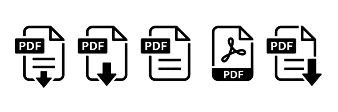 PDF File Format Icon Set, Editable Document Download and Digital File Vector Illustration Collection with Transparent Background