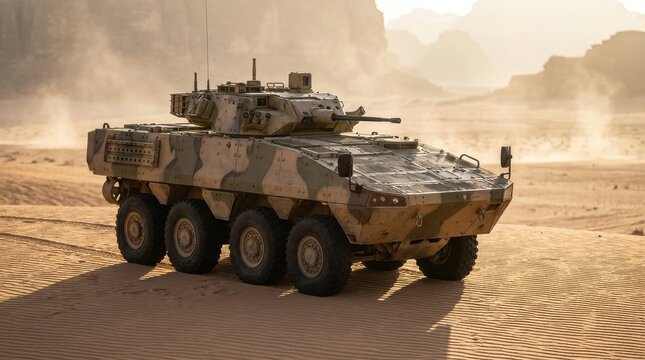 Armored military vehicle parked in a desert environment with soft afternoon light and realistic shadows on the sand. This premium