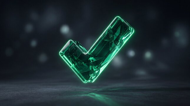 Glowing green crystal checkmark symbol representing success approval or completion on a dark reflective background