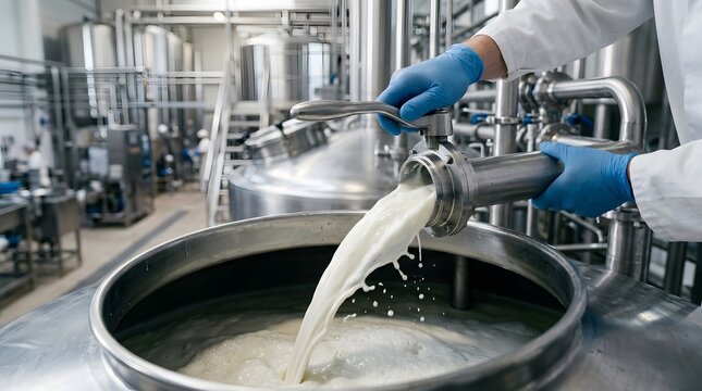 Industrial milk production: pouring liquid into a large stainless steel tank