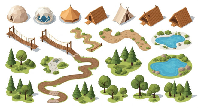 Isometric forest landscape elements set, 25 nature map icons with trees and ponds, camping tents and wooden bridges for game design