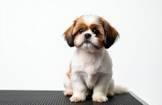 Cute Shih Tzu dog sits on grooming table after haircut. Its fur is neat and fluffy. Canine looks happy and clean, ready for cuddles. Adorable pet is well-cared for.