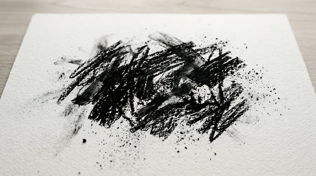 Abstract charcoal sketch with expressive strokes and scattered dust on white paper