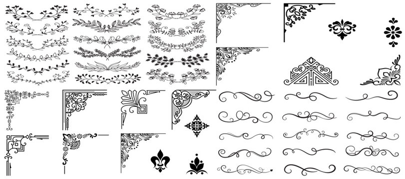 Set of decorative corner elements, Frame, Divider ornament, borders, doodle, separators, page dividers, header,vector