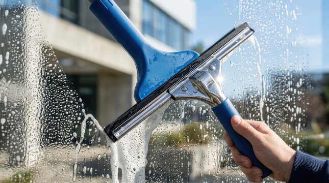 Close-up of a squeegee cleaning a window with soapy water and bubbles