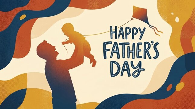 Happy Father's Day june 21 greeting card. Silhouette of a happy father lifting his baby against an abstract colorful wavy background with a kite. illustration style