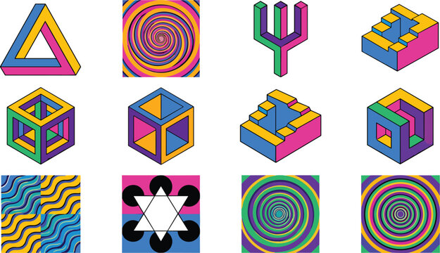 Optical Illusion and Impossible Geometry Vector Set Featuring Penrose Triangle, Paradox Cubes, Hypnotic Swirl Backgrounds, and Abstract Geometric Shapes for Modern Graphic Designs