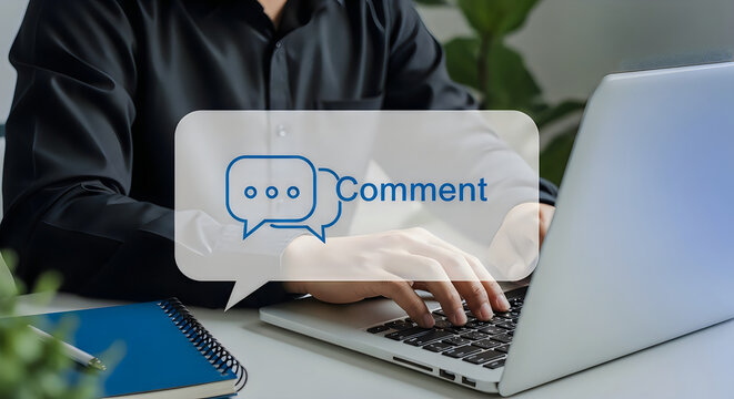 Person typing comment on laptop with speech bubble graphic overlay