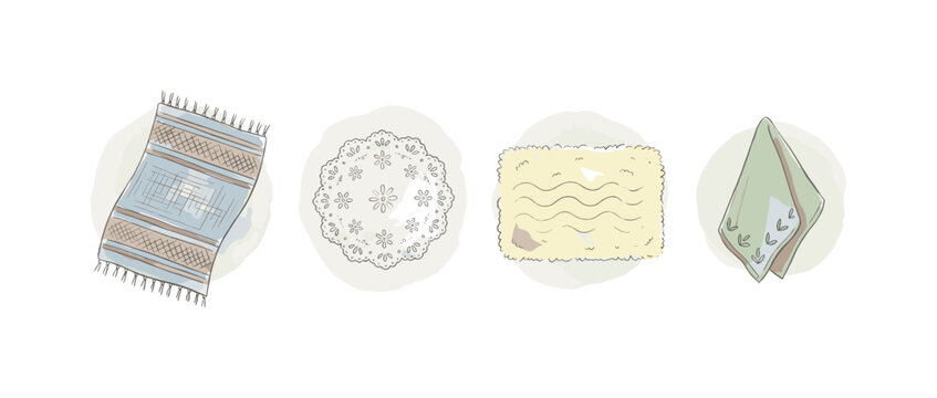 Woven rug, a lace doily, bath mat, and a fabric napkin spaced out in a row, soft naive watercolor illustration, humble