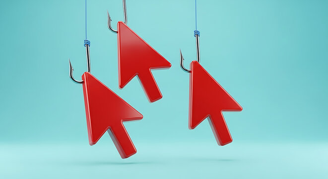 Red digital cursor mouse pointers hanging on fishing hooks as a metaphor for online phishing attack with phishing cybersecurity internet security marketing protection computer identity