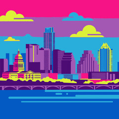 Obraz premium Vibrant austin texas cityscape skyline with colorful buildings and bridge over water
