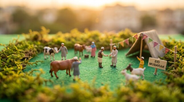A heartwarming miniature diorama capturing the spirit of Eid al-Adha with tiny figures, livestock, and a festive tent in a bright, clean outdoor setting bathed in golden light